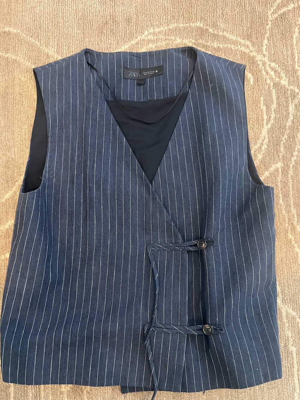 Zara Navy and White Pinstripe Sleeveless Vest with Black Inset